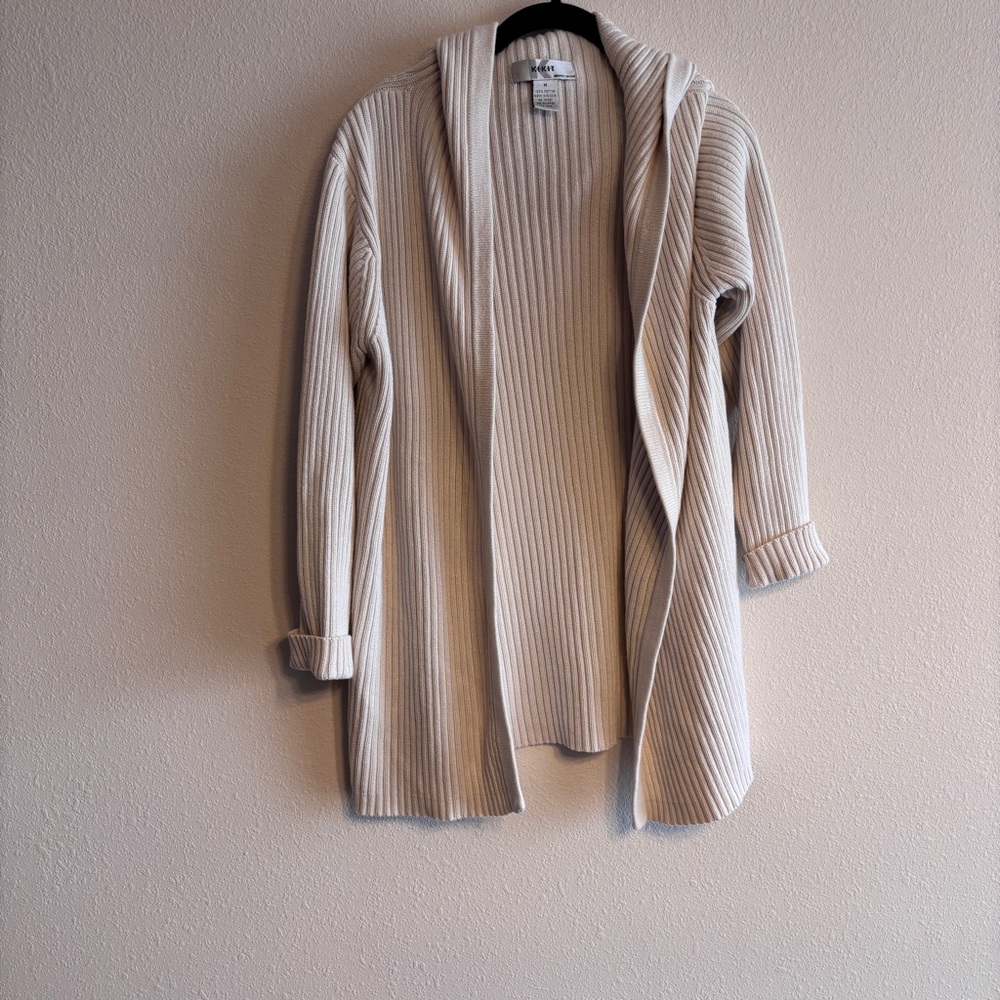 KIKIT Maurice Sasson Elegant Cream Ribbed Women's Cardigan Hood SZ M